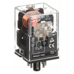 Plug-in relay with octal base and round pins, DPDT contact configuration, 12V DC coil, rated 10 A at 250V AC resistive load. Suitable for general-purpose switching in industrial control panels, automation systems, and machinery.