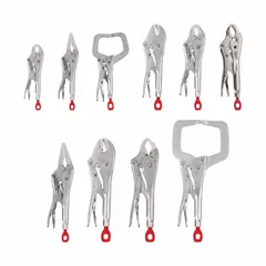 This set includes clamping, curved, long nose, and straight locking pliers with a max jaw opening of 11 in and overall length of 25 3/4 in. Suitable for clamping, gripping, and turning workpieces in metalworking, fabrication, and maintenance applications.