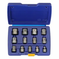 This 13-piece bolt extraction socket set is designed for removing broken, stripped, or seized bolts and screws. The set includes bolt extractors with a 3/8" drive and socket sizes ranging from 1/4" to 3/4". Suitable for automotive repair, machinery maintenance, and general industrial applications where damaged fasteners must be extracted without damaging surrounding material.