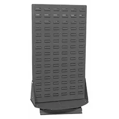 This benchtop louvered rack features two louvered sides and is supplied without bins. It measures 32 inches wide by 16 inches deep by 18 inches high and has a gray powder-coated finish. The rack is designed for use on workbenches to organize small parts and components, accepting compatible bins (sold separately) for modular storage.