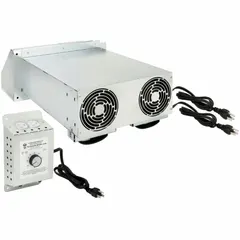Double-fan unit for crawlspace or basement ventilation, reversible to exhaust stale air or supply fresh air. Includes a dehumidistat for automatic humidity-based operation and a magnetic draft feature. Maximum airflow 180 cfm, 115V AC nominal / 120V AC nameplate voltage, 72 W power consumption. Comes with a 6 ft cord.
