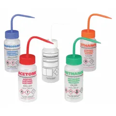 This 250 mL wash bottle features a colorless body and assorted closure colors for content identification. The vented design and wide mouth with standard spout allow controlled dispensing of solvents. Suitable for use in laboratory rinsing and cleaning applications.