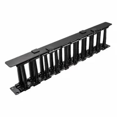This 1U horizontal finger-style cable manager organizes and routes cables in 19-inch racks. It includes a hingeable and removable cover for easy cable access and routing. The black unit helps prevent cable tangling and improves airflow in network equipment enclosures.