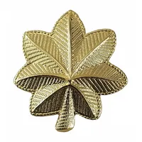Gold metal rank insignia in the shape of a Major's leaf, measuring 3/4 inch. Attaches via clutch pin. Supplied as a pair. Used on military or ceremonial uniforms to denote the rank of Major