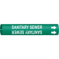 Pipe marker for identifying sanitary sewer lines. Green background with white legend and directional arrows. Snap-on design fits pipe outer diameters of 4 to 6 inches. Suitable for use in industrial and municipal wastewater systems