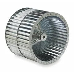 This dual-inlet forward-curved blower wheel has an 11-inch diameter, 8-inch width, and a 1/2-inch bore. It features a steel wheel construction with counterclockwise (CCW) rotation as viewed from the hub end. Designed for industrial air-moving systems such as HVAC units, ovens, and material-handling equipment, its forward-curved configuration delivers high airflow at low static pressure for ventilation and exhaust applications.