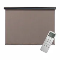 Motorized outdoor sun shade with remote control, featuring a 6 ft valence width, Dark Brown fabric, and an Oil-Rubbed Bronze valance. Equipped with a cable tie-down system for secure installation. Suitable for patios, decks, and pergolas