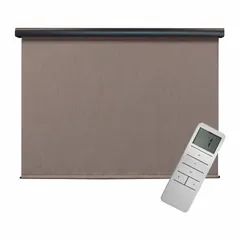 Motorized outdoor sun shade with remote control, featuring a 6 ft valence width, Dark Brown fabric, and an Oil-Rubbed Bronze valance. Equipped with a cable tie-down system for secure installation. Suitable for patios, decks, and pergolas.