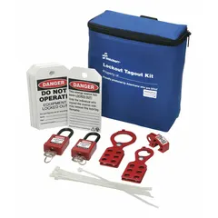 This portable lockout tagout general kit includes one circuit breaker lockout device and ten lockout tags, with keyed different padlocks. The kit is supplied in a nylon carrying case with belt loop strap, measuring 4 in D x 8 in W x 8 in H. It is used to isolate electrical energy sources during maintenance or repair procedures.