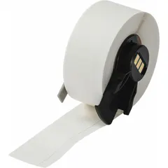 Continuous label roll made of white paper that is inkjet print-receptive and water dissolvable. Measures 3/4 in x 50 ft. Compatible with Brady M611 printer series. Used for temporary identification that can be removed with water, facilitating rework and cleaning in industrial labeling applications.