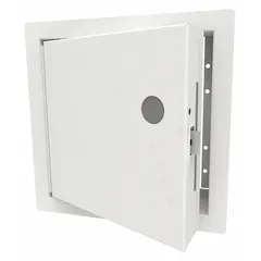 This steel locking access door is designed for wall mounting, providing secure access to equipment such as valves, electrical panels, or HVAC components. It features a piano hinge and exposed flange for easy installation and frequent opening. The door is powder coated with a 16 ga frame.
