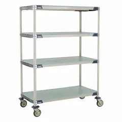 This mobile shelving unit features four standalone shelves constructed from 304 stainless steel with antimicrobial and corrosion-resistant properties. It is NSF approved for use in wet environments and includes two swivel casters with brakes for mobility and stability. Typical applications include commercial kitchens, healthcare facilities, and laboratories where sanitation and resistance to moisture are required.