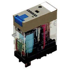 Socket-mounted relay from the G2RS series with a square base and plug-in electrical connection. Operates on 24V DC with SPDT contact configuration and 5 pins. Used for switching industrial loads in control panels, PLC outputs, and automation systems.