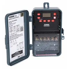 The TORK EWZ201C is a digital timer switch with astronomic functionality for automatic daylight-based scheduling. It features a 7-day program and DPST switching, housed in a plastic body for indoor surface mounting. Suitable for controlling lighting or equipment in commercial or industrial settings where timing adjusts to sunrise and sunset.