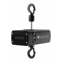 The KITO Mini Electric Chain Hoist H4 is a heavy-duty, hook-mounted unit without trolley, operating on 115V AC with a single speed. It includes a chain container and provides a headroom clearance of 28 in - 30 in. This hoist is suitable for lifting and positioning loads in theatre applications such as lighting rigs, scenery, and audio equipment