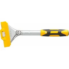 Floor scraper with a straight, stiff spring steel blade and a metal handle with a hammer end. Overall length 12 inches. Suitable for removing tile, adhesive, paint, and other materials from hard surfaces in construction and renovation work.