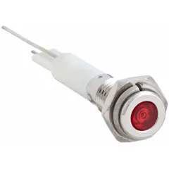 This LED indicator pilot light provides a red visual signal for industrial control panels and machinery. It features a flush head design for low-profile mounting in a 6 mm panel hole. Electrical connection is via lead for soldering.