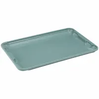 This gray fiberglass lid measures 19 3/4 in x 12 1/2 in and is designed for use with 2TU12, 2TU13, and 4TH03 stacking and nesting totes. It provides a cover for extreme-temperature environments in material handling and storage applications