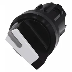 This illuminated selector-switch operator from Siemens features a 22 mm panel mount size with two positions and momentary/momentary action. The non-metallic bezel and absence of a cam make it suitable for use in industrial control panels where momentary switching is required, such as for machine start/stop or mode selection.