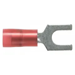 Insulated fork terminal from the CT Series with red nylon insulation grip barrel. Designed for #6 stud size, accepts 22 to 18 AWG wire, and rated for 600 V. Used for terminating wires onto studs in electrical panels, control cabinets, and industrial machinery.