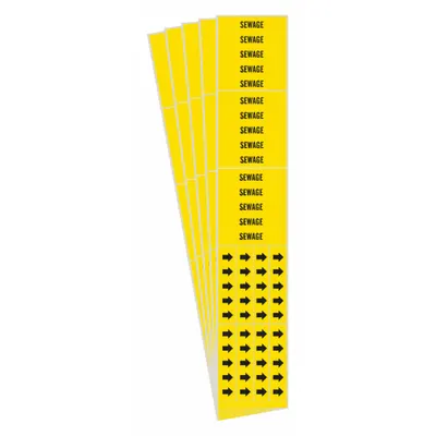 BRADY Pipe Marker: Sewage, Yellow, Black, Fits 3/4 in and Smaller Pipe O.D., 3 Pipe Markers - Sewage Adhesive Pipe Markers