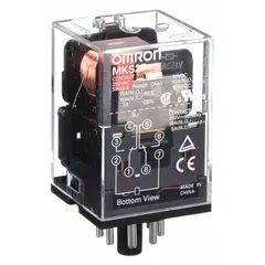 Plug-in relay with octal base and round pins, DPDT contact configuration, 24V AC coil, rated 10 A. Operating current 7 A at 250V AC for inductive loads. Suitable for industrial control panels, automation systems, and machinery requiring reliable socket-mounted switching.