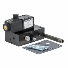 Two-position, solenoid-operated directional control valve with manifold. Ports: 1/4 in NPT x 1/4 in NPT x 1/4 in NPT. Maximum flow rate: 4.5 gpm. Used for flow direction and pressure regulation in hydraulic systems.