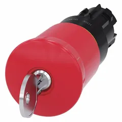 This mushroom-head push-button operator from the Siemens 3SU series features a red non-metallic actuator with a 22 mm mounting size. It is a maintained-action type, meaning it latches in the pressed position until manually reset. Commonly used in industrial control panels and machinery for start/stop or emergency stop functions.