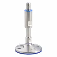 This hygienic male leveling mount features an M24 thread size, 80 mm length, and 67 kN load capacity. It includes a round base with mounting holes, an adjustable sleeve with an FDA-compliant wiper and sealing ring, and a 24 mm joint hex size. Used for leveling and stabilizing industrial machinery, conveyors, and processing equipment in environments requiring sanitation