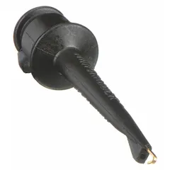 Hook clip with beryllium copper contact and glass-filled nylon body in black. Rated for 5 A max current. Used for temporary electrical connections in test and measurement applications.