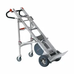 This heavy-duty electric stair-climbing hand truck has a 725 lb capacity and a rounded-back aluminum frame with dual-loop handles. It features 10-inch flat-free wheels and requires a 4.5-hour charge time. Designed for transporting loads up and down stairs with powered assistance, it is used in warehouses, delivery routes, and industrial facilities.