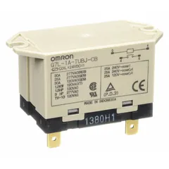 Surface-mounted power relay with square base and top flange mounting. SPST-NO contact configuration rated at 30 A operating current with 24V DC coil voltage. Quick-connect terminals for wiring. Suitable for industrial control panels, HVAC systems, and automation equipment requiring high-load switching.