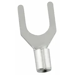 Standard fork terminal for 22 AWG to 16 AWG wire, with a 1/4-inch stud size and 600 V rating. Non-insulated bare metal construction for use in electrical connections requiring a removable stud-mounted termination.