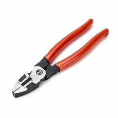 Multipurpose lineman's pliers with 8 in overall length, 1 1/2 in jaw length, 1/4 in jaw width, and 1/2 in jaw thickness. Straight jaw design with standard cushion grip. Suitable for cutting, gripping, twisting, and pulling wire and cable in electrical and industrial maintenance tasks.