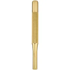 Round brass punch with a flat tip, SAE type, designed for driving out pins and fasteners. Non-sparking construction suitable for use in environments where sparking tools are prohibited. Tip diameter 5/16 in, overall length 4 in.