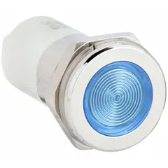 This LED indicator pilot light features a blue flush head with an H16 profile for panel mounting. It provides a clear visual status signal in industrial control panels, machinery, and automation systems. Electrical connection is via 0.11 male quick disconnect.