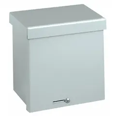 WIEGMANN RSC101204GNK is a NEMA 3R rated steel enclosure measuring 12 x 10 x 4 inches with a galvanized finish. It features a solid screw-on cover secured by a padlock hasp and does not include knockouts. Suitable for outdoor or indoor applications requiring protection against rain and sleet, commonly used to house electrical controls, terminals, and instruments.