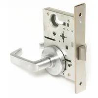 This passage lever lockset from BEST features a satin chromium-plated stainless steel finish and a 40H rose style. It is ADA compliant with an interchangeable core and ANSI F01 function for non-locking push/pull operation. Suitable for interior doors in commercial or institutional settings where free traffic flow is required, such as hallways or closets