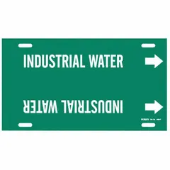 Green pipe marker with white legend reading 'Industrial Water' and directional arrows. Fits pipe outer diameters of 6 to 7-7/8 inches. Used to identify industrial water lines in facility piping systems, aiding in content recognition and flow direction indication.