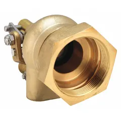 This BOB R605T-1-1/2-LF is a general service float valve body made of brass, designed for horizontal piping systems. It features an angle-style body with a 1-1/2" FNPT inlet connection and an adjustable arm. The valve body has a 3/8"-16 rod thread and delivers a flow rate of 112 gpm at 35 psi for water media. Float and rod are not included.