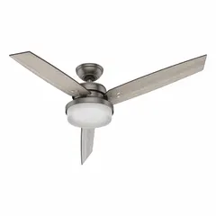 The HUNTER Sentinel ceiling fan features a 52-inch blade span and a Light Gray Oak/Gray Walnut finish with galvanized material construction. It includes an integrated light kit and offers three speed settings for adjustable airflow. Suitable for medium-sized commercial or office spaces requiring both air circulation and ambient lighting.