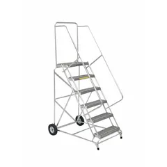 Assembled aluminum tilt-&-roll ladder with 4.2 ft platform height, double handrails, and no locking mechanism. Finished in gray. Designed for mobile elevated access in industrial settings such as warehouses and factories.