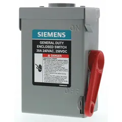 This non-fusible safety switch provides a visible disconnect for three-phase circuits up to 30 A at 240V AC. The galvanized steel enclosure is suitable for indoor or outdoor installation. It is used for safely isolating electrical power during maintenance or emergency shutdown in industrial and commercial settings.