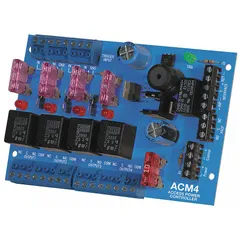 The ALTRONIX ACM4 is a power controller board constructed from phenolic/fiberglass. It accepts 12/24V AC/DC input voltage and functions as a fused trigger power controller. Typical applications include managing power distribution to door locks, magnetic locks, and other security devices in access control systems.