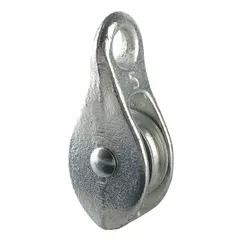 This fixed-eye pulley block is designed for manual pulling operations with 1/4 in fibrous rope. It features a brass sheave and brass housing with a sleeve bearing, and a plain finish. Suitable for light-duty rigging, lifting, and tensioning tasks in industrial maintenance, construction, and marine applications.