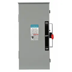 This non-fusible safety switch from Siemens is rated 60 A, three-phase, 600V AC, and housed in a galvanized steel enclosure suitable for indoor or outdoor use. It is used to safely disconnect electrical power for maintenance or emergency shutdown in industrial and commercial power distribution systems.