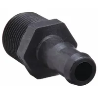 This polypropylene rigid barbed hose fitting connects 3/4 in hose I.D. to a 1 in NPT male thread. It features a hex body for wrench tightening and is suitable for multipurpose air, water, and chemical transfer in industrial fluid handling systems