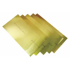 Brass shim stock sheets, 0.006 in thick, 6 in wide, 18 in long, sold in packs of 10. Width tolerance ±0.008 in, thickness tolerance ±0.0004 in, length tolerance +0.125/-0.000 in. Used for precision alignment, gap filling, and leveling in industrial machinery and equipment.