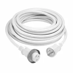 This 50 ft outdoor extension cord features a NEMA L5-30P locking plug and a single outlet, constructed with 10/3 STW cable. Rated for temperatures from -4° to 140°F, it is suited for temporary power distribution in outdoor environments such as construction sites and industrial maintenance.