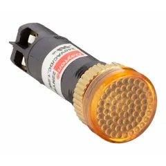 This LED indicator pilot light features a raised head design and a 12 mm panel mounting hole diameter. It uses an M2.5 screw electrical connection. Typical applications include industrial control panels, machinery, and equipment for visual signaling of power status or operational conditions.